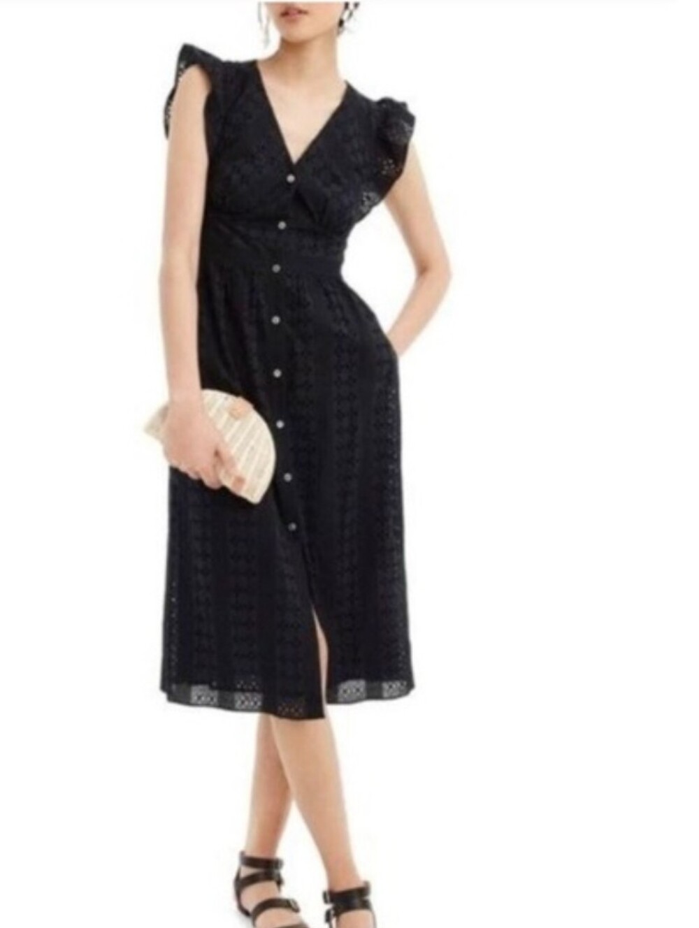 J. Crew Ruffle Sleeve Eyelet Dress Black Size 6  Style# H7701 Feminine Preppy